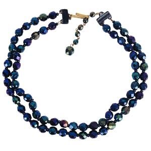 1950s West Germany Blue Iridescent Glass Bead Double Strand Choker Necklace